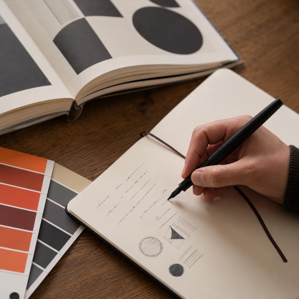 Brief créatif manuscrit avec nuancier et échantillons typographiques