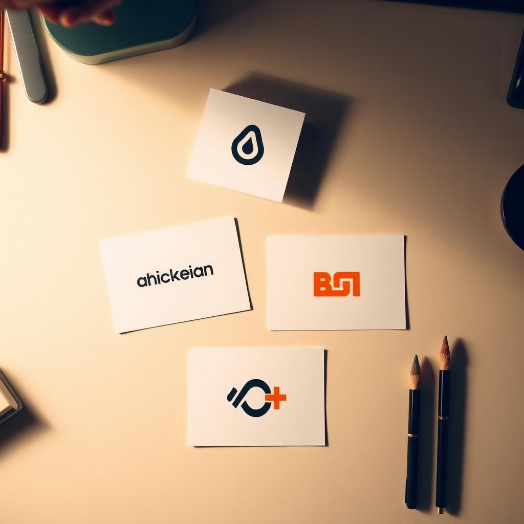 Quatre propositions de logo imprimées sur cartes, l'une mise en avant